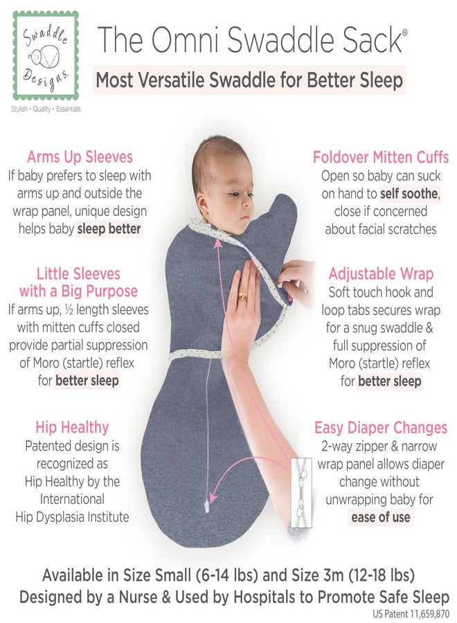 سوادل ديزاينز كيس لفّ الأطفال من SwaddleDesigns بستة أوضاع، مع إمكانية رفع الذراعين، مناسب للمواليد الجدد، يوفر خيارات متعددة لتهدئة ردة الفعل المفاجئة، ويحسن النوم، ويسهل الانتقال بين مراحل النوم المختلفة. كيس نوم صغير، مناسب للأطفال من عمر 0-3 أشهر، وزن 6-12 رطلاً، مصنوع من قماش الدنيم الممزوج. - Image 2