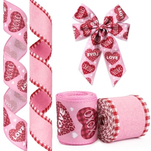 Glodecart Valentine's Day Ribbon - 2 Rolls, Wired Pink Love Wreath Bow Wrapping Ribbon, 2.5" X 10 Yard - Image 1