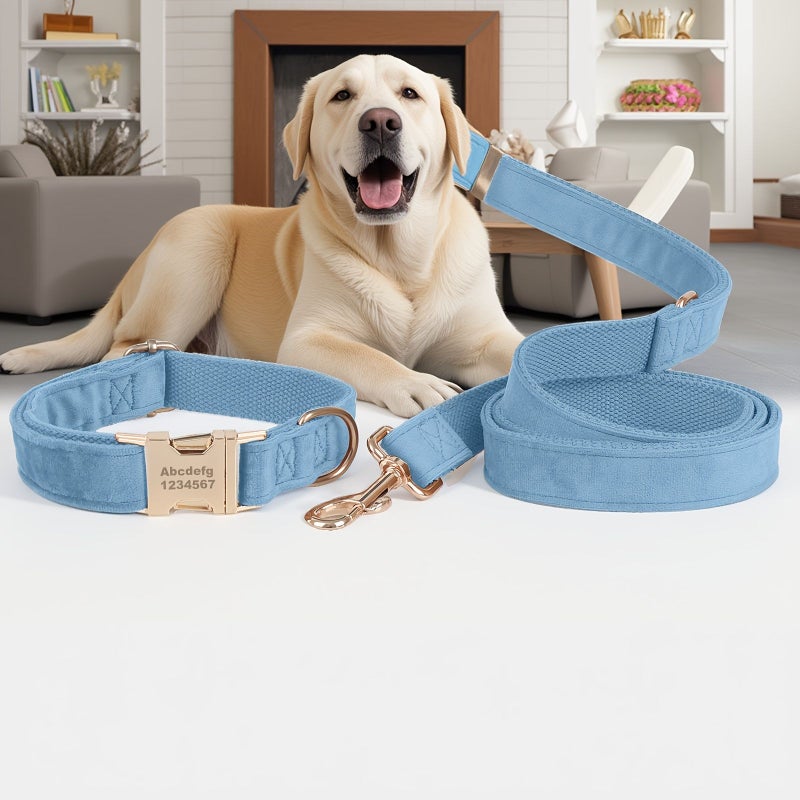 Personalized Custom 2pcs Green Dog Leash And Collar Set With Free Engraving Of Name And Phone Number Suitable For Small To Large Dogs Soft Velvet Fabric With Stylish Metal Buckles Fashionable Unique Gift - Image 5