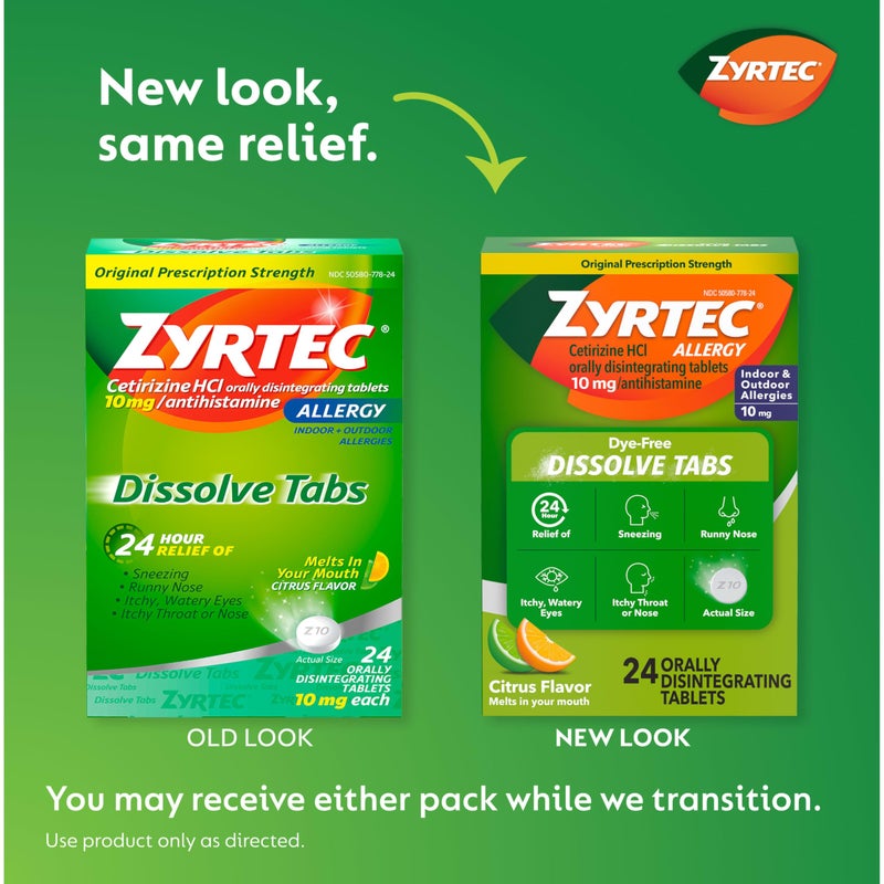 Zyrtec 24 Hour Allergy Relief Dissolving Tablets with 10 mg Cetirizine HCl Antihistamine, Allergy Medicine for Relief from Allergies Caused by Ragweed & Tree Pollen, Citrus Flavor, 24 ct - Image 2