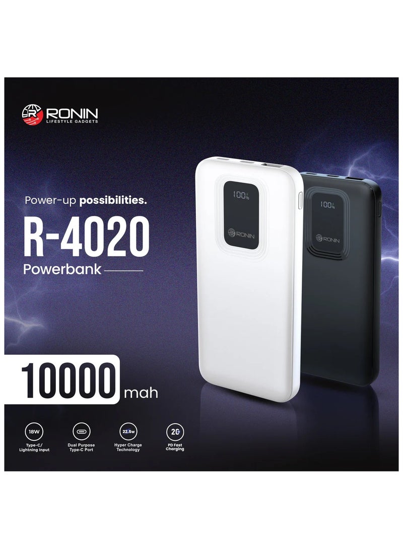 رونين باور بانك رونين فورج R-4020 سعة 10000 مللي أمبير - شحن سريع 22.5 واط - تقنية PD - مخرج USB و Type-C - شاشة رقمية - نحيف وخفيف - مدخل مزدوج - للايفون والاندرويد والسماعات - أبيض - Image 3