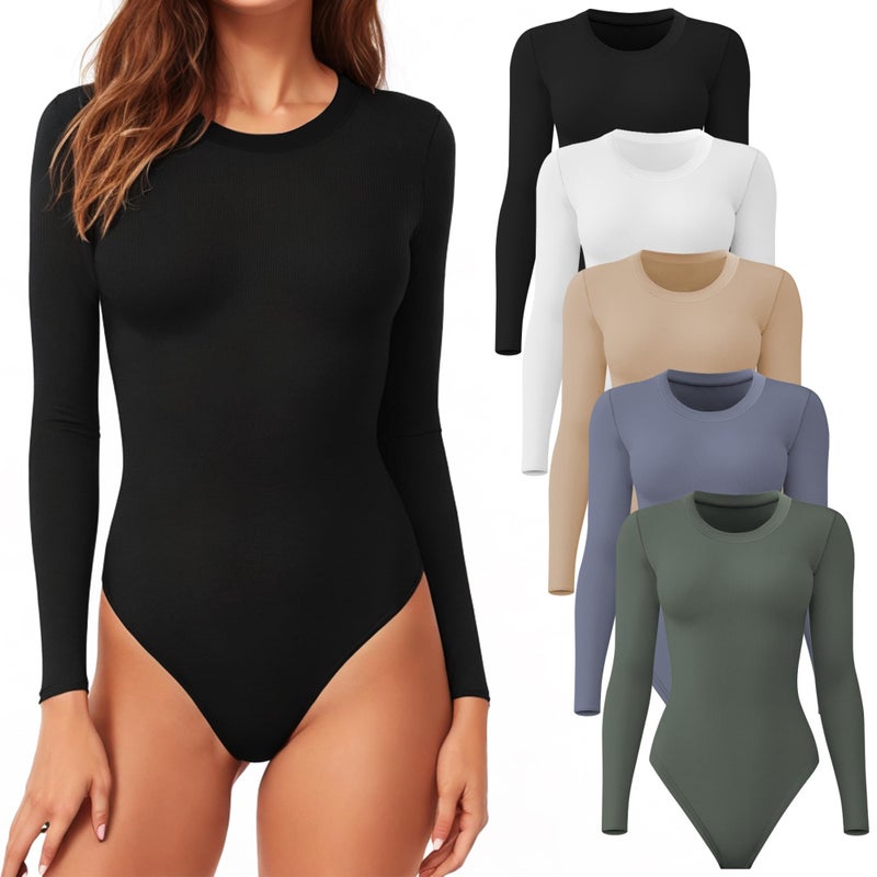 CE' CERDR 5 Pack Long Sleeve Bodysuit for Women Round Neck Casual Stretchy Basic Shirts Crew Neck Body Suits Tops - Image 1