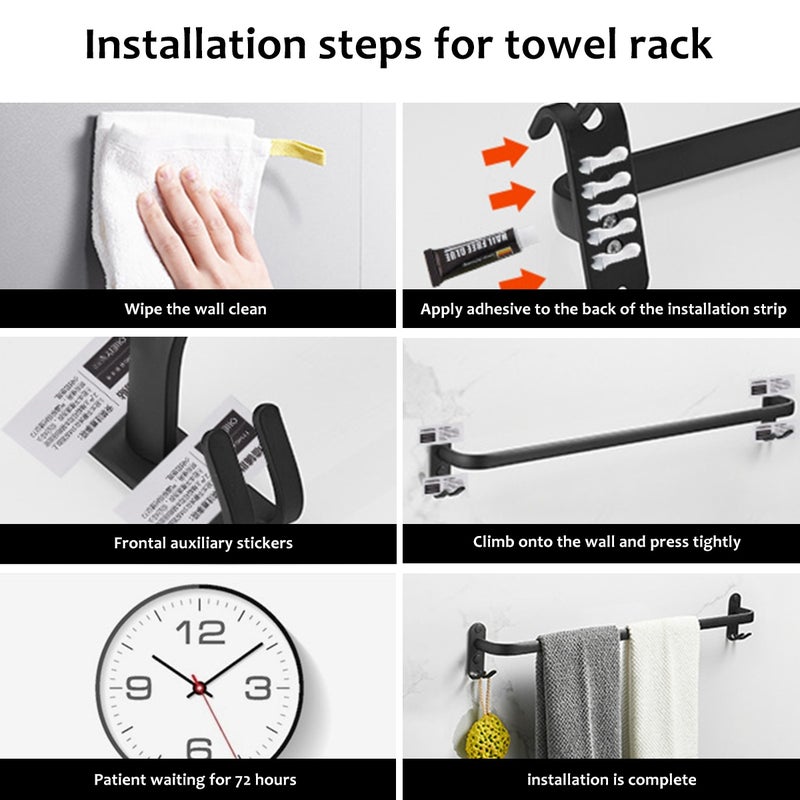 16" Bathroom Single Towel Bar with Hooks Stainless Steel Matte Black Bathroom Towel Rack Wall Mounted Towel Rack for Kitchen Shower Toilet Bathroom Accessories - Image 5