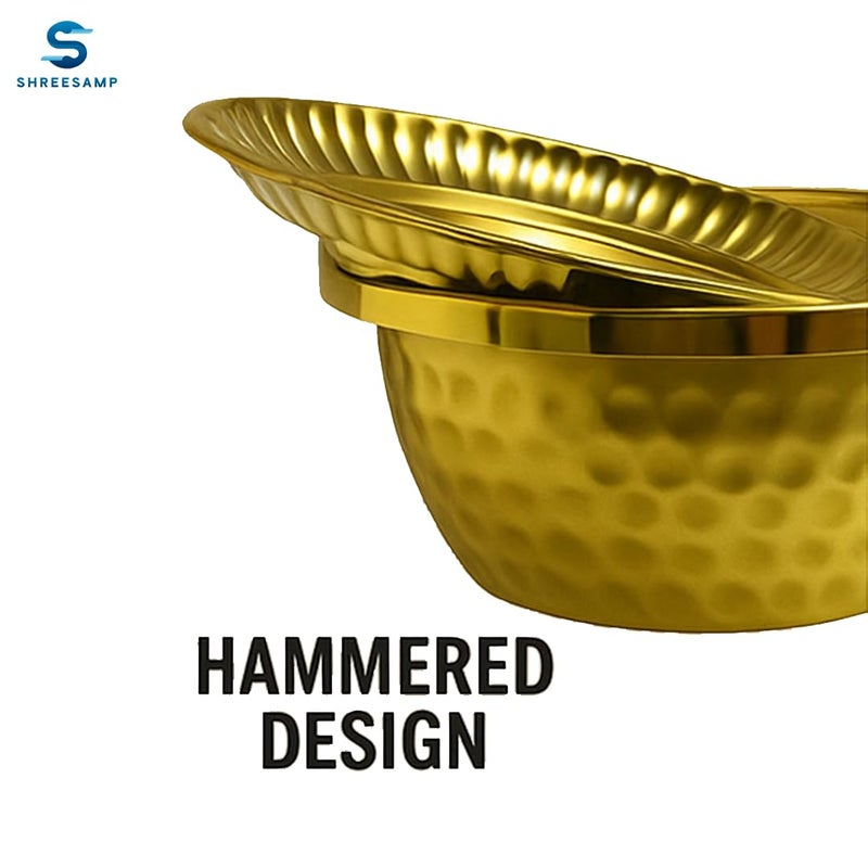 SHREESAMP SHREESAMP Premium Hammered Gold Stainless Steel Serving Bowl And Plate- Diamond Cut Bowl with Lid - Elegant Dinnerware For Parties, Weddings, Special Events - Decorative Spiritual Bowls For Temple Use  - Image 5