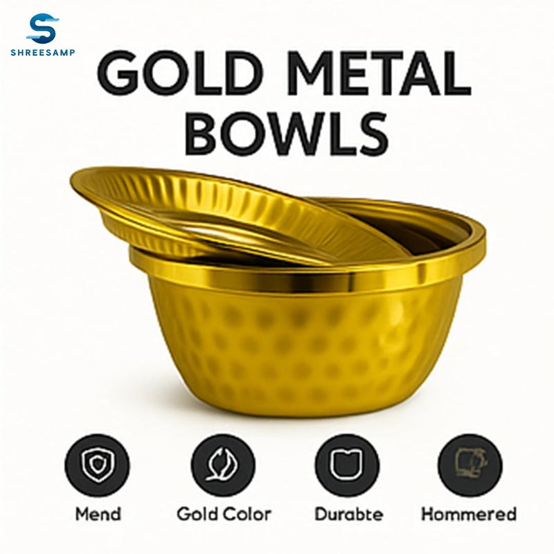 SHREESAMP SHREESAMP Premium Hammered Gold Stainless Steel Serving Bowl And Plate- Diamond Cut Bowl with Lid - Elegant Dinnerware For Parties, Weddings, Special Events - Decorative Spiritual Bowls For Temple Use  - Image 3