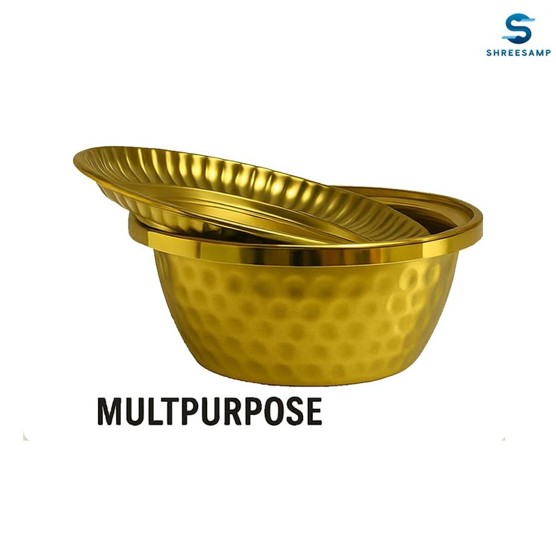 SHREESAMP SHREESAMP Premium Hammered Gold Stainless Steel Serving Bowl And Plate- Diamond Cut Bowl with Lid - Elegant Dinnerware For Parties, Weddings, Special Events - Decorative Spiritual Bowls For Temple Use  - Image 4