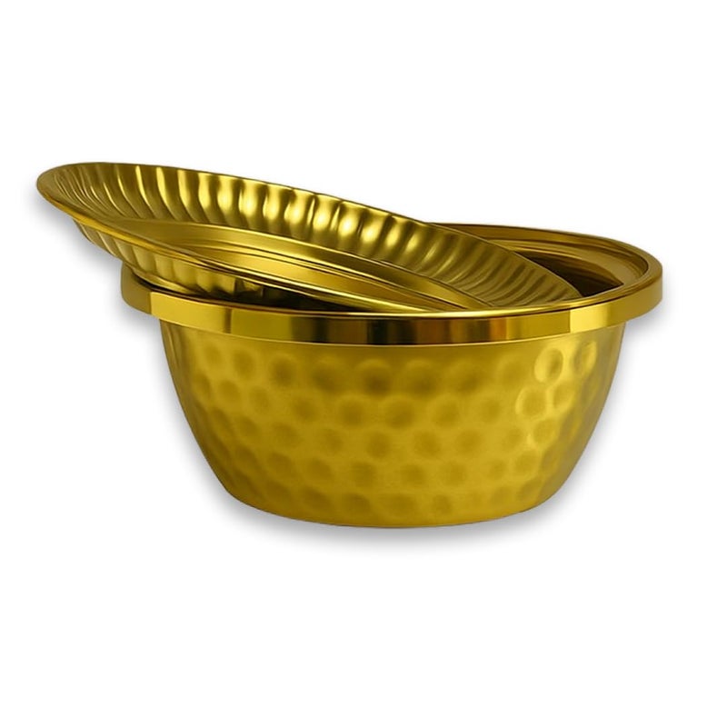 SHREESAMP SHREESAMP Premium Hammered Gold Stainless Steel Serving Bowl And Plate- Diamond Cut Bowl with Lid - Elegant Dinnerware For Parties, Weddings, Special Events - Decorative Spiritual Bowls For Temple Use  - Image 1