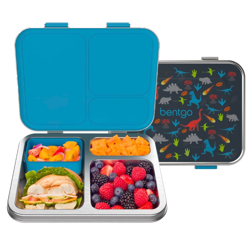 Bentgo Kids Stainless Steel Prints LeakResistant Lunch Box  3Compartments with Bonus Silicone Container Durable EcoFriendly Dishwasher Safe BPAFree Ideal for School Ages 3 Dinosaur