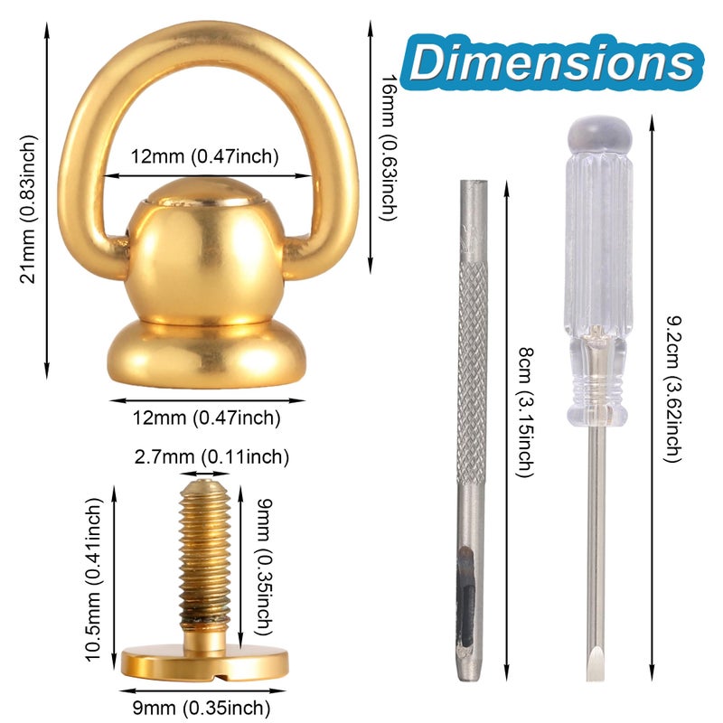 Notgia 4Pcs D Rings for Purse Brass Rivets for Leather Rotatable Purse Strap Hardware Ball Button Studs for Handbag D Rings Chicago Screws for Repair Purse Dog Collar Leather Crafts (Gold) - Image 2