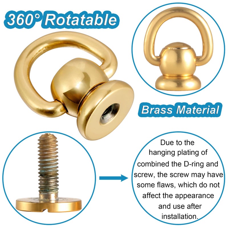 Notgia 4Pcs D Rings for Purse Brass Rivets for Leather Rotatable Purse Strap Hardware Ball Button Studs for Handbag D Rings Chicago Screws for Repair Purse Dog Collar Leather Crafts (Gold) - Image 3