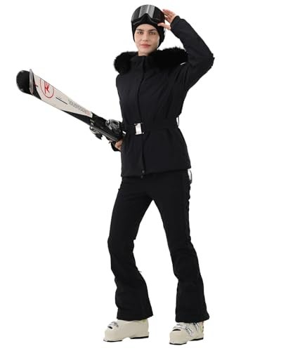 HIGH EXPERIENCE Women's Ski Jacket Snowboard Fitted Slim Belted Snow Coat Warm Winter Mountain Waterproof Windproof Insulated Hooded (US, Alpha, X-Small, Regular, Regular, Black) - Image 3
