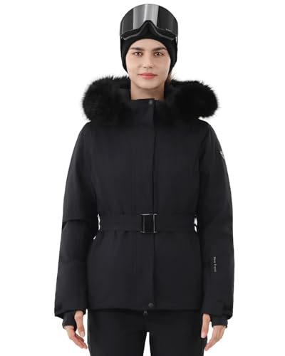 HIGH EXPERIENCE Women's Ski Jacket Snowboard Fitted Slim Belted Snow Coat Warm Winter Mountain Waterproof Windproof Insulated Hooded (US, Alpha, X-Small, Regular, Regular, Black) - Image 1
