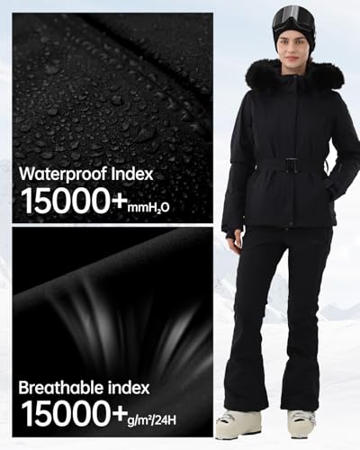 HIGH EXPERIENCE Women's Ski Jacket Snowboard Fitted Slim Belted Snow Coat Warm Winter Mountain Waterproof Windproof Insulated Hooded (US, Alpha, X-Small, Regular, Regular, Black) - Image 4