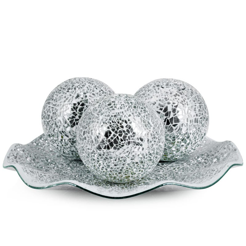 MDLUU Centerpiece Bowl and Balls Set Mosaic Tray with 3 Pieces Spheres 12 Decorative Plate with 4 Mosaic Orbs for Home Decor Gift Silver