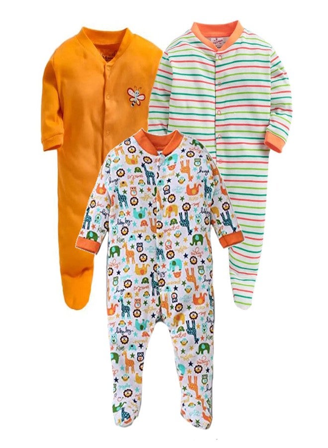 EIO Baby's Cotton All Over Print Sleepsuit Pack Of 3 (A-90-1_Orange_0 Months-3 Months) - Image 1