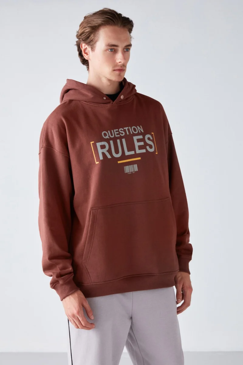 جريميلانج Mood Men's Polar Fleece Printed Hooded Brown Sweatshirt with Snap Collar