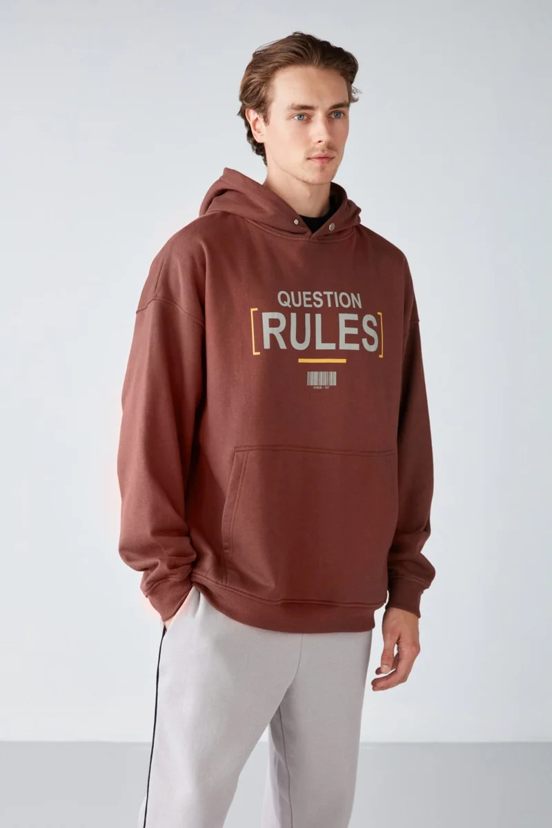 جريميلانج Mood Men's Polar Fleece Printed Hooded Brown Sweatshirt with Snap Collar