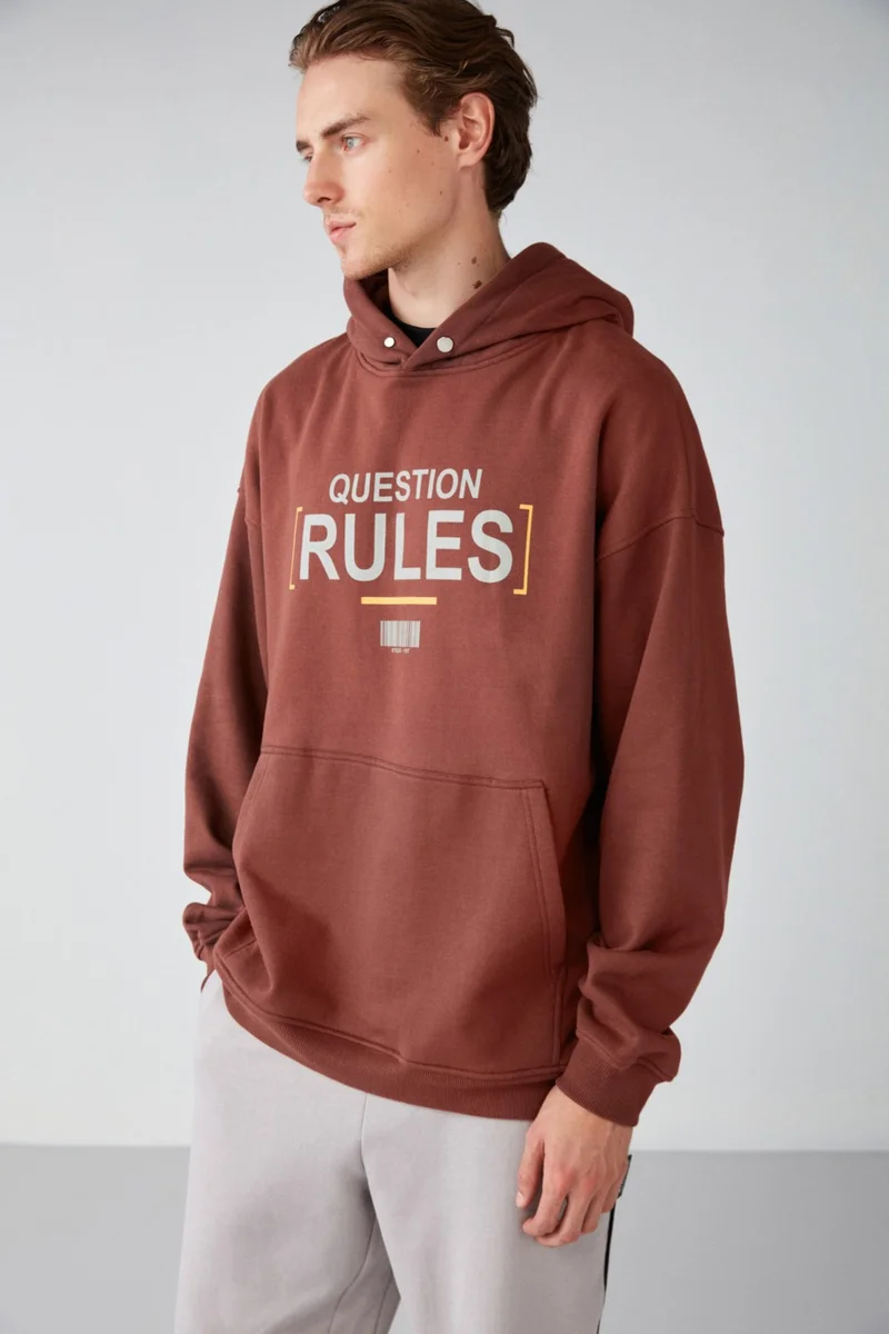 جريميلانج Mood Men's Polar Fleece Printed Hooded Brown Sweatshirt with Snap Collar