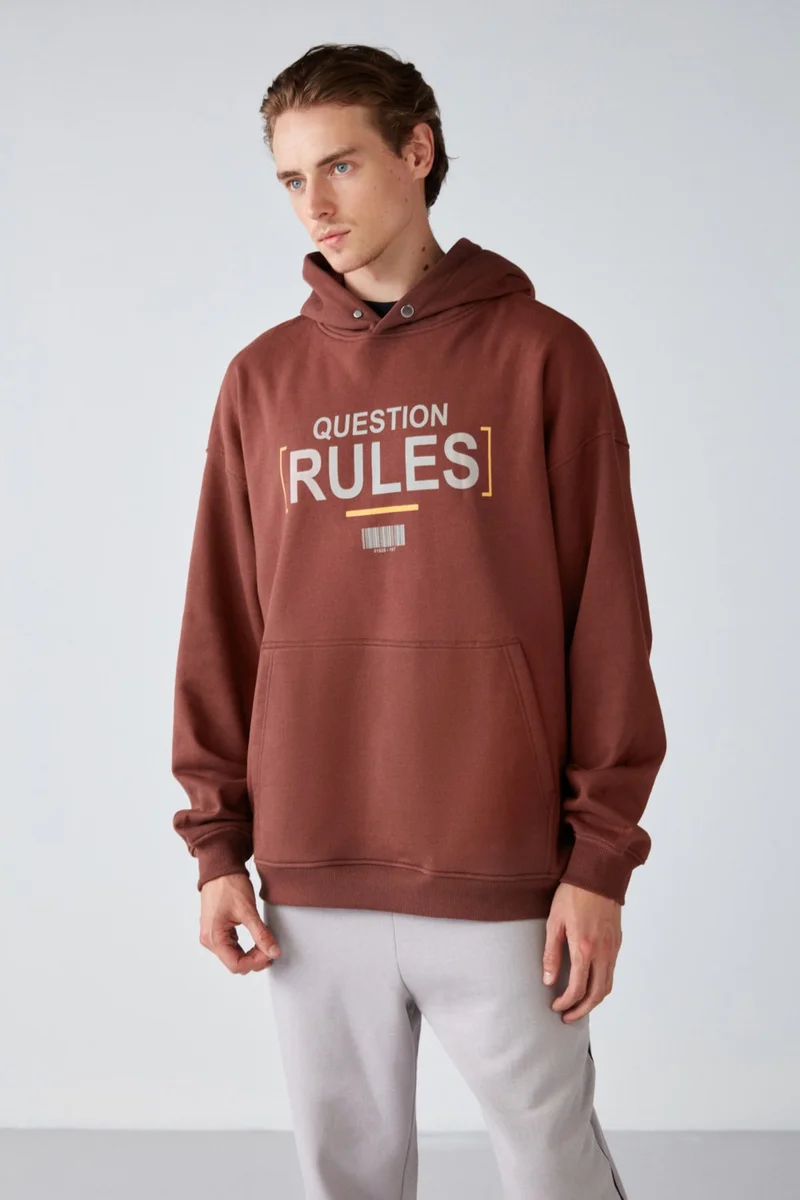 جريميلانج Mood Men's Polar Fleece Printed Hooded Brown Sweatshirt with Snap Collar