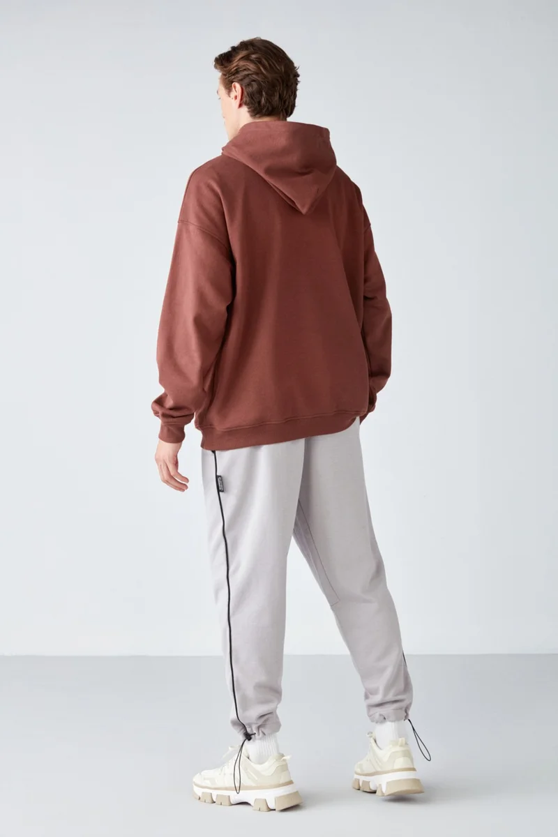 جريميلانج Mood Men's Polar Fleece Printed Hooded Brown Sweatshirt with Snap Collar