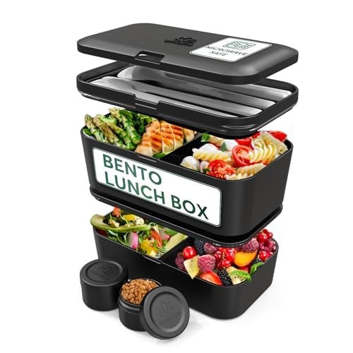 Umami Lunch Box Containers w/ 4 Utensils, 2 Sauce Jars, Nestable Space-Saving Bento Box Adult, 100% Leakproof, Microwavable Lunch Containers for Adults, Design Award Winner, Onyx Black, 50 oz - Image 4