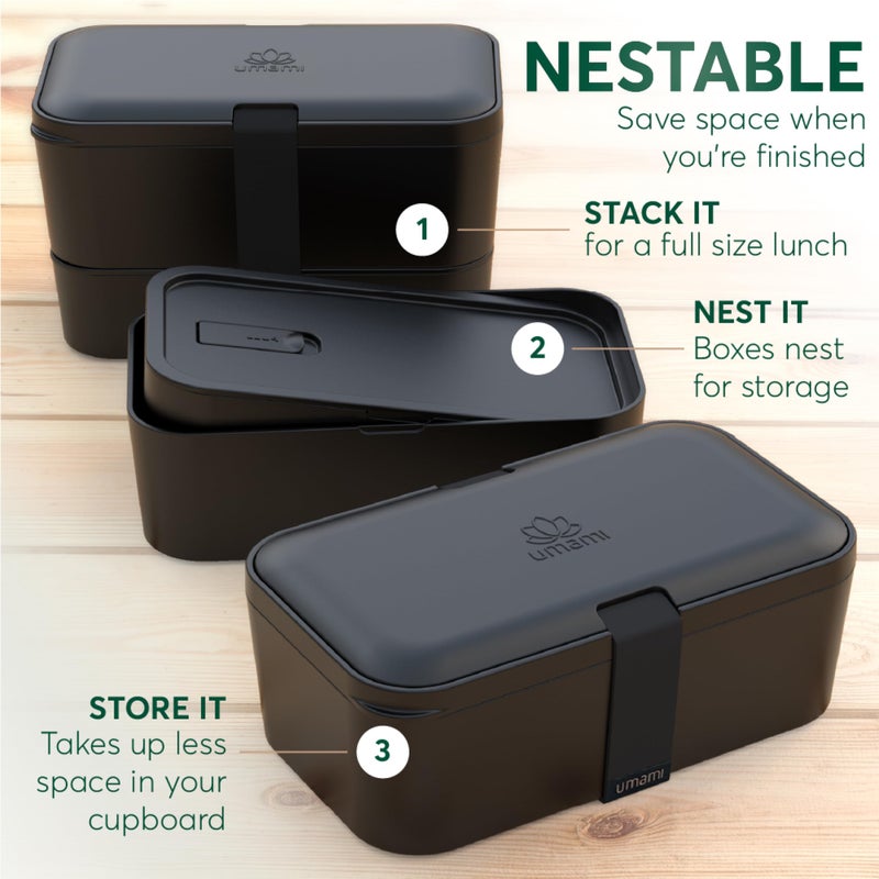 Umami Lunch Box Containers w/ 4 Utensils, 2 Sauce Jars, Nestable Space-Saving Bento Box Adult, 100% Leakproof, Microwavable Lunch Containers for Adults, Design Award Winner, Onyx Black, 50 oz - Image 5