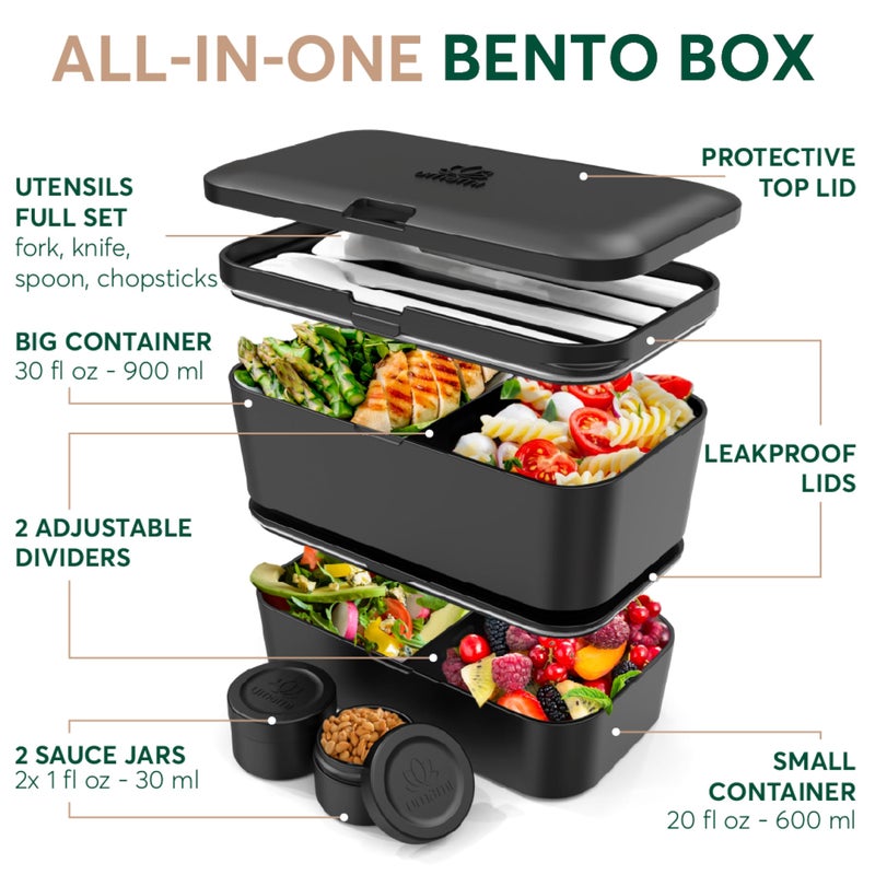 Umami Lunch Box Containers w/ 4 Utensils, 2 Sauce Jars, Nestable Space-Saving Bento Box Adult, 100% Leakproof, Microwavable Lunch Containers for Adults, Design Award Winner, Onyx Black, 50 oz - Image 2