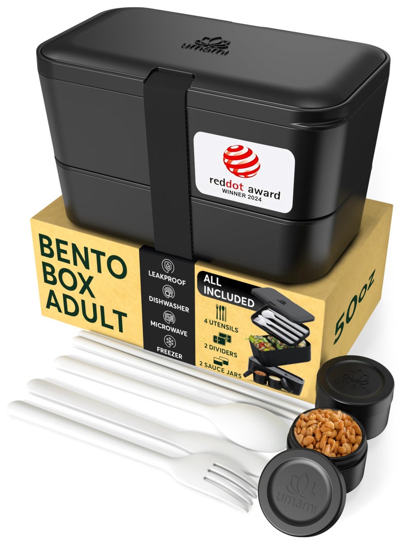 Umami Lunch Box Containers w/ 4 Utensils, 2 Sauce Jars, Nestable Space-Saving Bento Box Adult, 100% Leakproof, Microwavable Lunch Containers for Adults, Design Award Winner, Onyx Black, 50 oz - Image 1