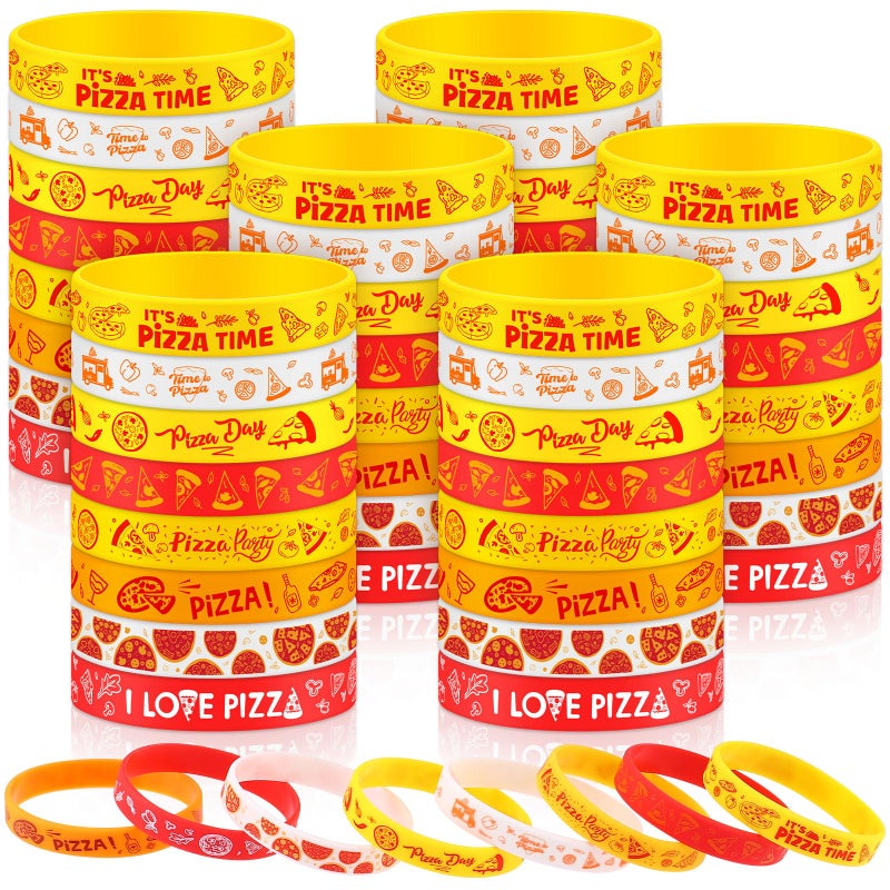 Furbeko 48Pcs Pizza Party Wristbands Silicone Bracelets Pizza Birthday Party Supplies Pizza Theme Stretch Bracelets Gifts for Women Men Teen Pizza Party Favors School Prizes 8 Styles - Image 3