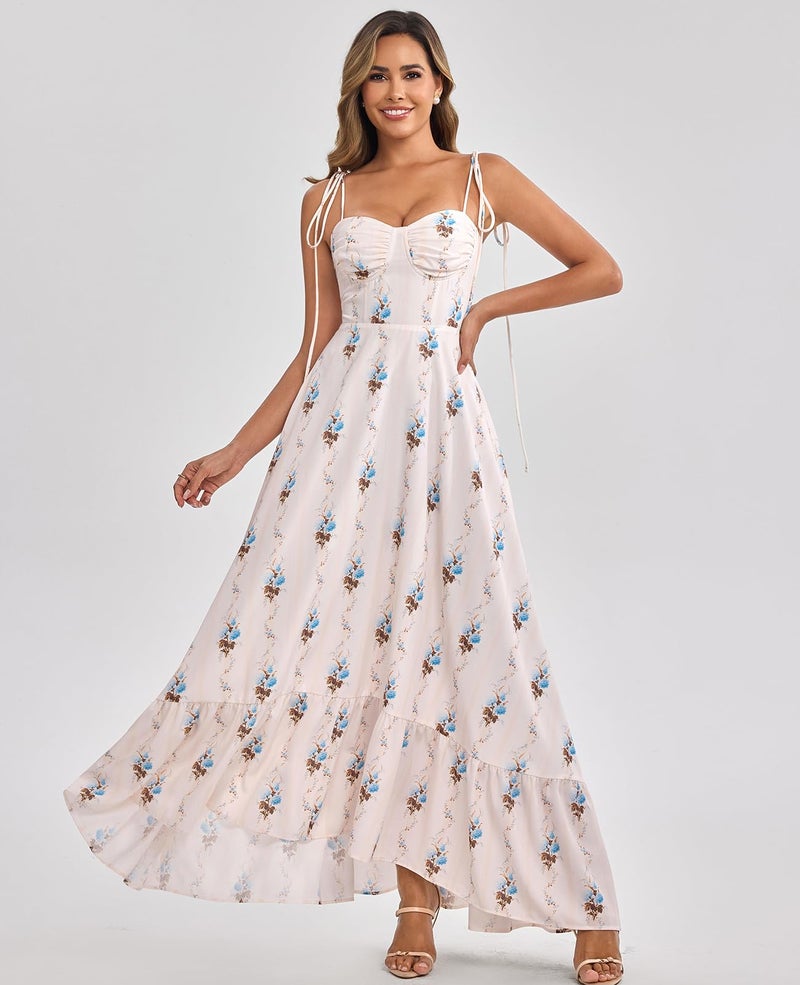 GLNEGE Women's Summer Floral Maxi Wedding Guest Dress Smocked Ruffle Tea Party Dresses Flowy A Line Sundress - Image 2
