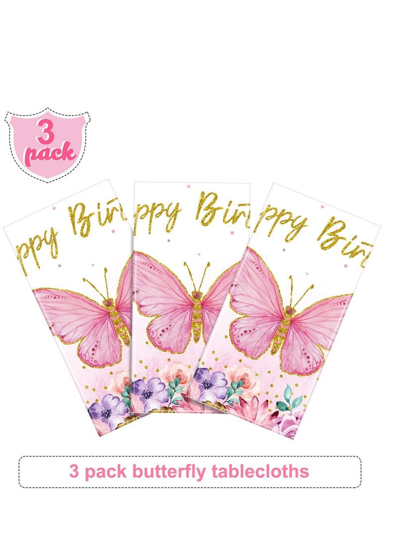 Excefore Butterfly Happy Birthday Tablecloth, Butterfly Party Decoration Rectangular Watercolor Butterfly Table Cover Spring Themed Plastic Tablecloth for Girl Party, 108 x 54 Inch (Pink, 3 Pieces)  - Image 4