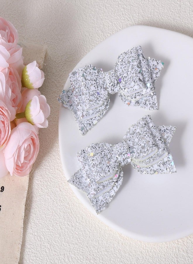 Miroksh 4" Sparkly Glitter Silver Hair Bows Clips for Toddler Teen Girls Christmas Alligator Barrettes Hairpins Kids Valentines Birthday New Year Wedding Party Dress outfit Decor Accessory - Image 2