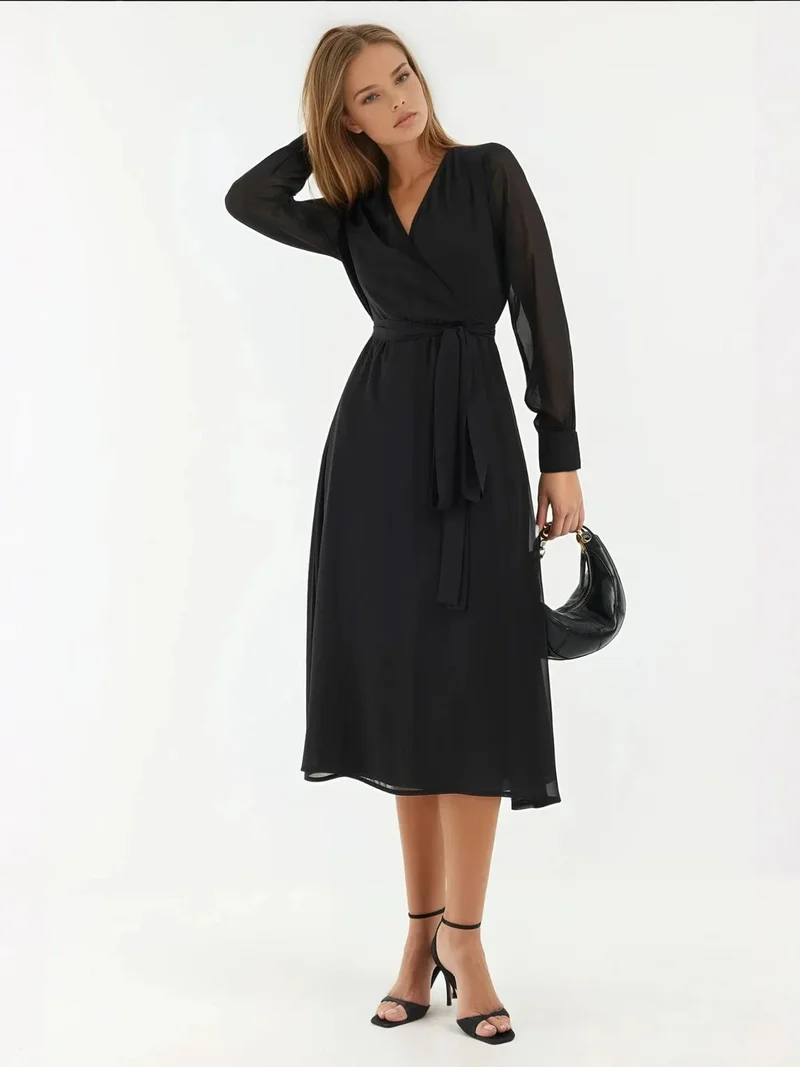 HICCUP Double Breasted A-Form Tulle Midi Dress with Waistband