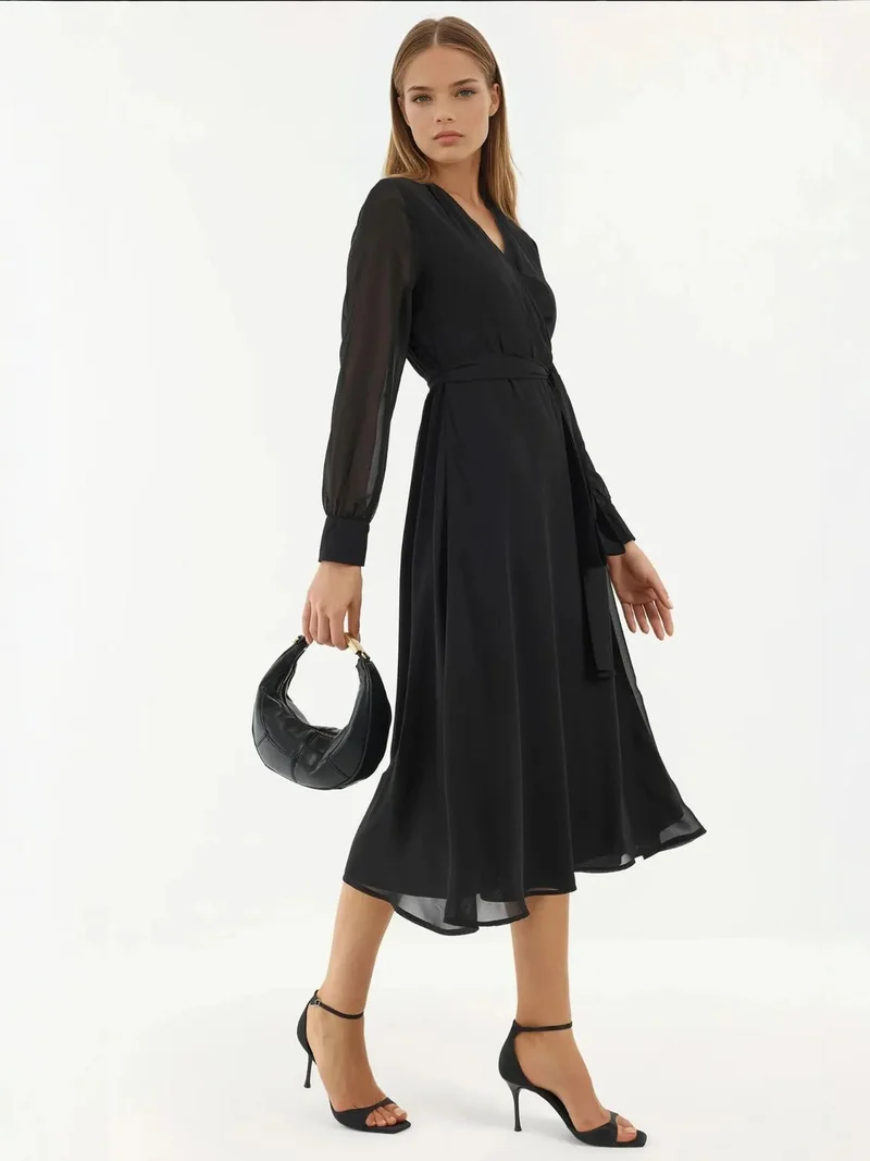 HICCUP Double Breasted A-Form Tulle Midi Dress with Waistband