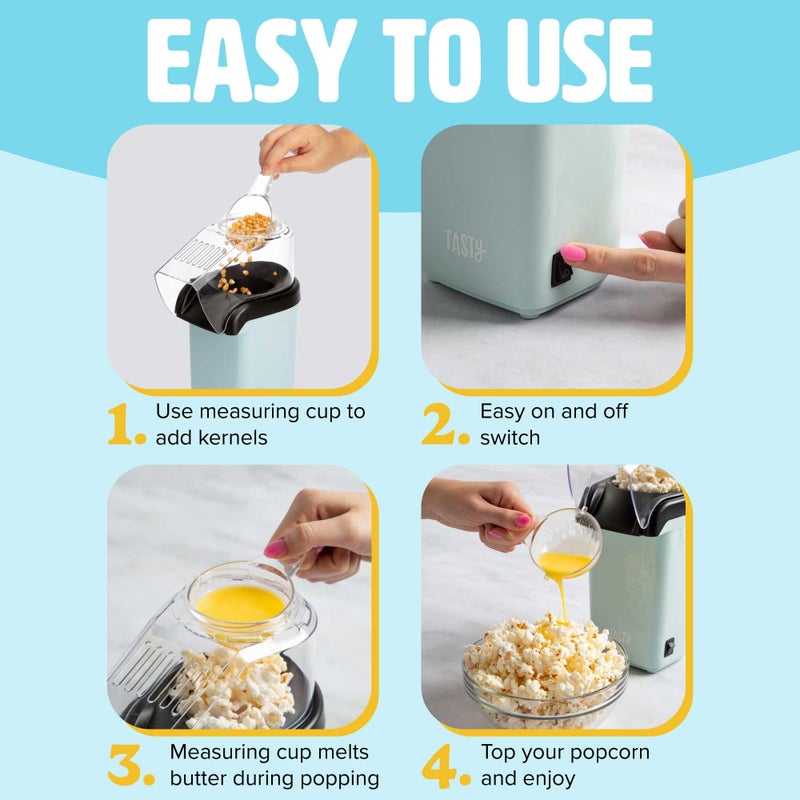 Tasty Hot Air Popcorn Popper, Healthy and Delicious Popcorn in Minutes, Fast and Easy-to-Use, Built-In Measuring Cup and Butter Warmer, 8 Cups, Aqua - Image 4
