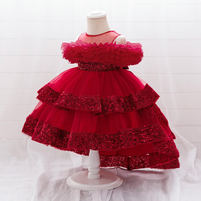 MIEKISA Baby Girls Tulle Sequin Sleeveless Dress Toddler A-Line Princess Gown with Ruffles (US, Age, 9 Months, 12 Months, Red) - Image 3