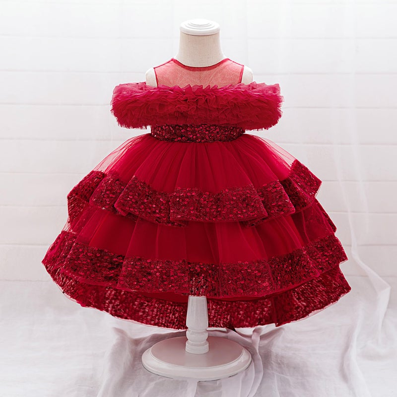 MIEKISA Baby Girls Tulle Sequin Sleeveless Dress Toddler A-Line Princess Gown with Ruffles (US, Age, 9 Months, 12 Months, Red) - Image 4