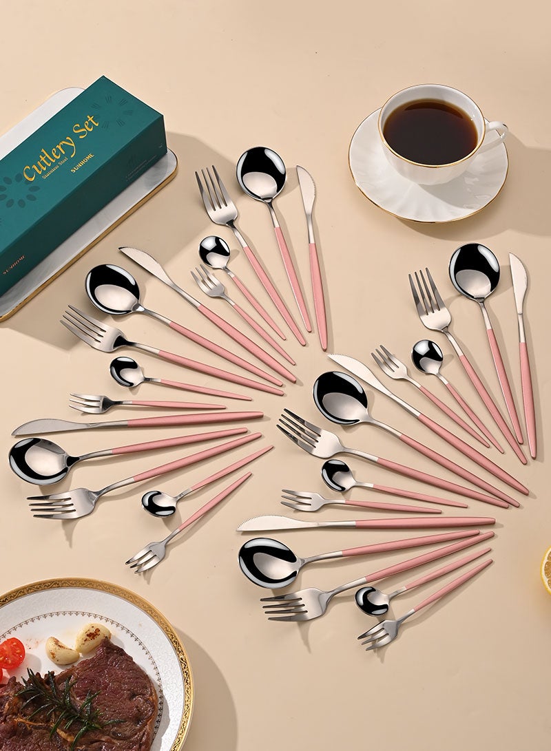 صن هوم مجموعة أدوات مائدة من الفولاذ المقاوم للصدأ من SUNHOME مكونة من 30 قطعة، مناسبة للمنزل والمطبخ والمطعم والفندق والحفلات وتناول الطعام والنزهات، عبوة رائعة للهدايا، وردي/فضي - Image 2