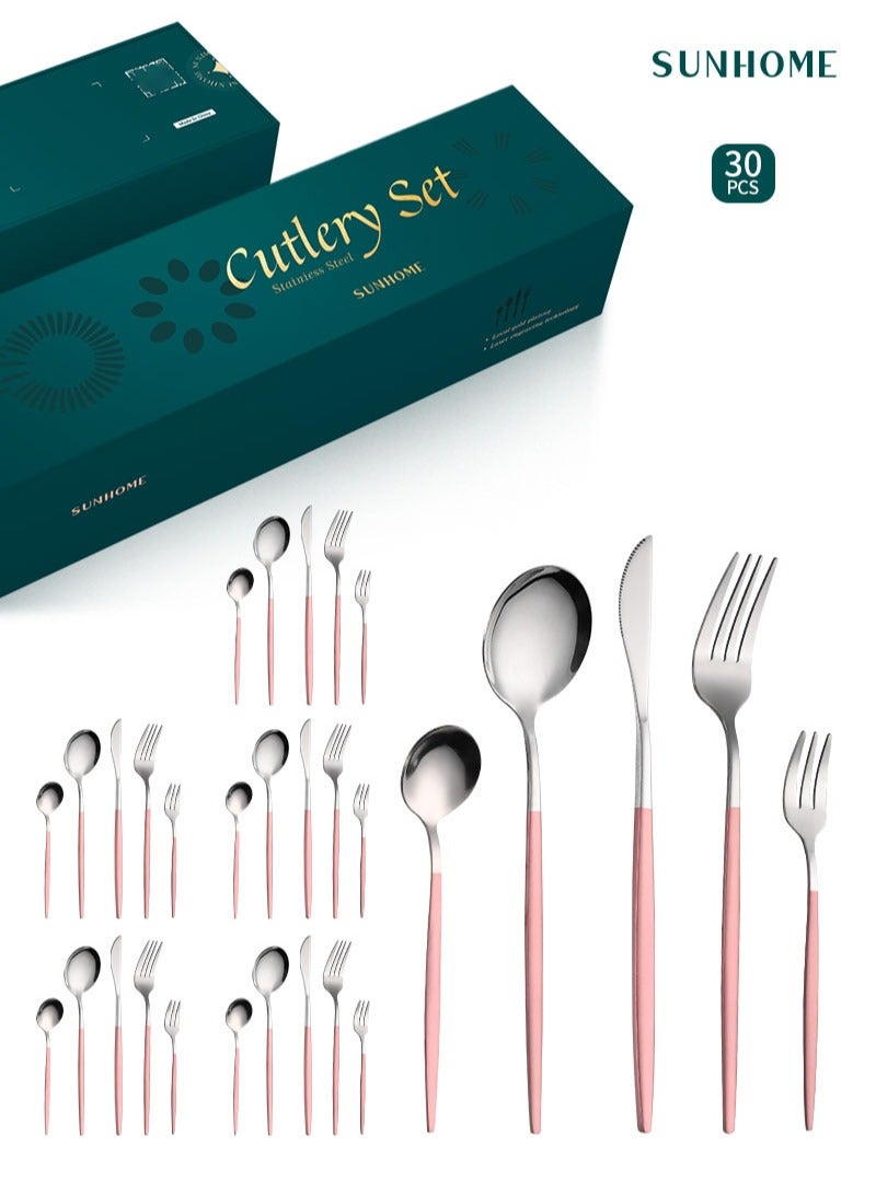 صن هوم مجموعة أدوات مائدة من الفولاذ المقاوم للصدأ من SUNHOME مكونة من 30 قطعة، مناسبة للمنزل والمطبخ والمطعم والفندق والحفلات وتناول الطعام والنزهات، عبوة رائعة للهدايا، وردي/فضي - Image 1