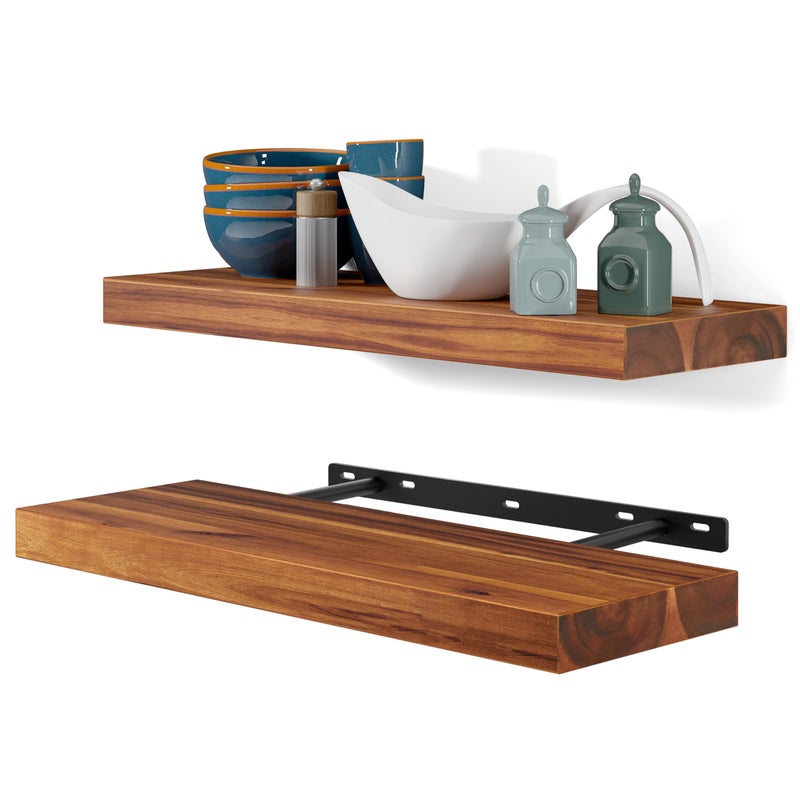 BATODA Set of 2 17" Acacia Wood Floating Shelves Wall Mounted â€“ Rustic Farmhouse Wooden Wall Storage Shelf for Bedroom, Kitchen, Home DÃ©cor - Brackets and Shelving Mounting Hardware Included - Image 1