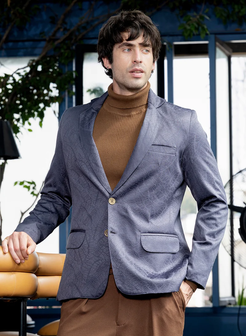 كامبوس سوترا بليزر رجالي بقصة ضيقة بنقش جلد الثعبان وياقة مطوية وأكمام طويلة بأزرار مقسومة وحافة مستقيمة بنسيج جاكار مجرد للمناسبات الكاجوال والسهرة باللون الأسود الداكن