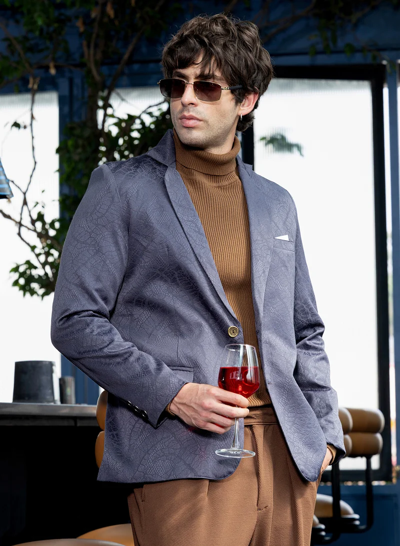 كامبوس سوترا بليزر رجالي بقصة ضيقة بنقش جلد الثعبان وياقة مطوية وأكمام طويلة بأزرار مقسومة وحافة مستقيمة بنسيج جاكار مجرد للمناسبات الكاجوال والسهرة باللون الأسود الداكن