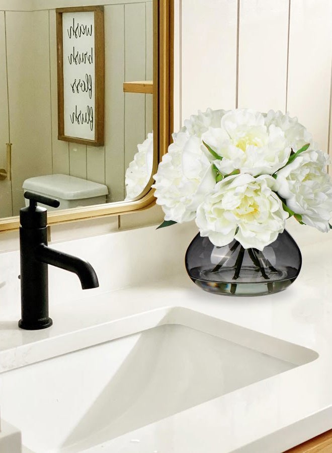 Hollyone Peonies Artificial Flowers with Vase White Peony Fake Flowers Faux Silk Flower Arrangements in Glass Vase with Faux Water Faux Floral Bulk Bouquet for Home Office Table Centerpiece Shelf Decorations - Image 3