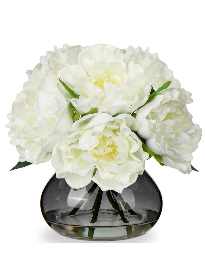 Hollyone Peonies Artificial Flowers with Vase White Peony Fake Flowers Faux Silk Flower Arrangements in Glass Vase with Faux Water Faux Floral Bulk Bouquet for Home Office Table Centerpiece Shelf Decorations - Image 1