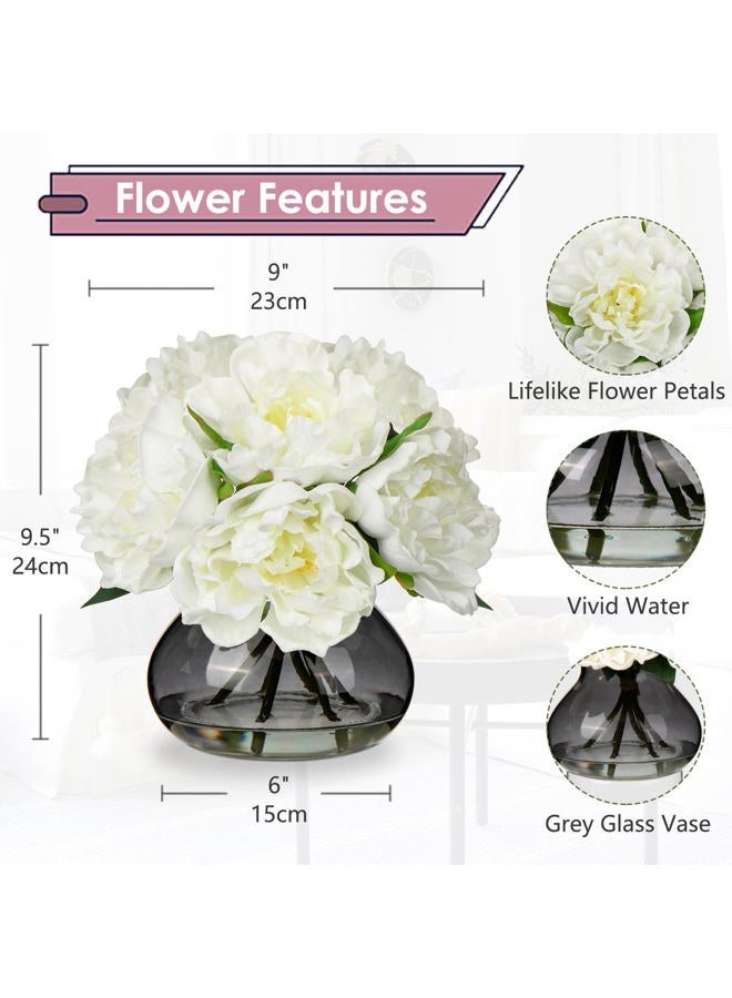 Hollyone Peonies Artificial Flowers with Vase White Peony Fake Flowers Faux Silk Flower Arrangements in Glass Vase with Faux Water Faux Floral Bulk Bouquet for Home Office Table Centerpiece Shelf Decorations - Image 2