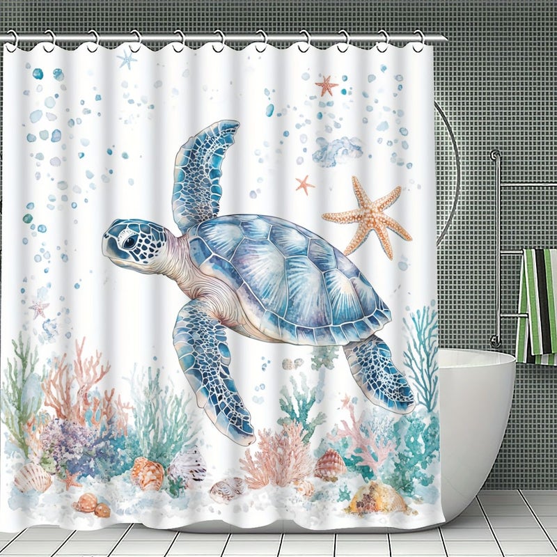 1 3 Piece Ocean Turtle Shower Curtain Set Marine Life Bathroom Decor with Bath Mat U Shaped Mat Toilet Lid Cover Hooks 180x180cm Curtain Aquatic Adventure - Image 1