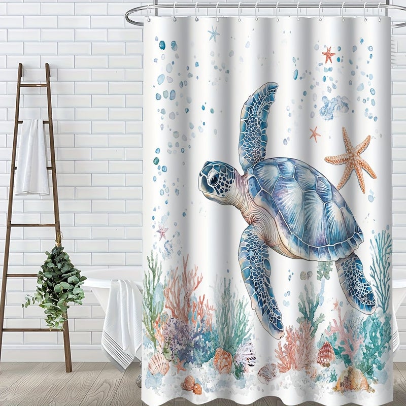 1 3 Piece Ocean Turtle Shower Curtain Set Marine Life Bathroom Decor with Bath Mat U Shaped Mat Toilet Lid Cover Hooks 180x180cm Curtain Aquatic Adventure - Image 4
