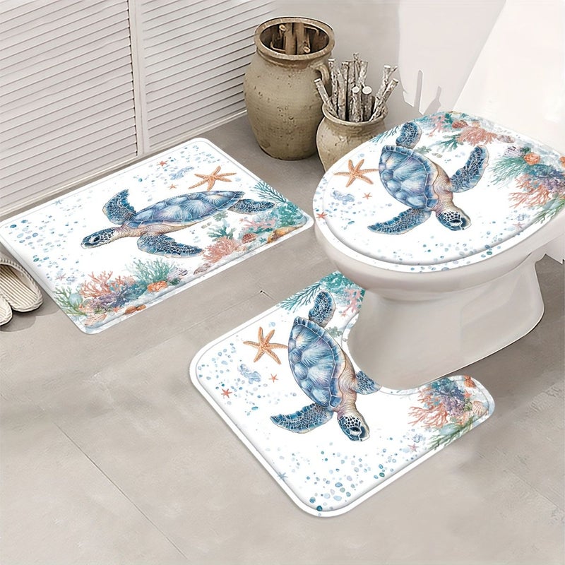 1 3 Piece Ocean Turtle Shower Curtain Set Marine Life Bathroom Decor with Bath Mat U Shaped Mat Toilet Lid Cover Hooks 180x180cm Curtain Aquatic Adventure - Image 3