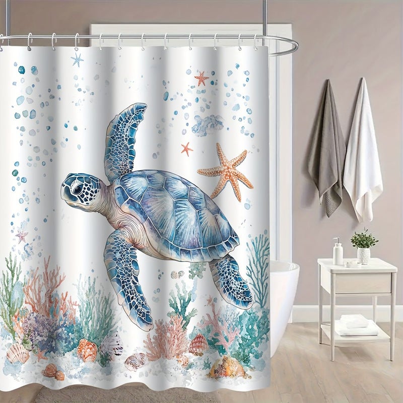 1 3 Piece Ocean Turtle Shower Curtain Set Marine Life Bathroom Decor with Bath Mat U Shaped Mat Toilet Lid Cover Hooks 180x180cm Curtain Aquatic Adventure - Image 5