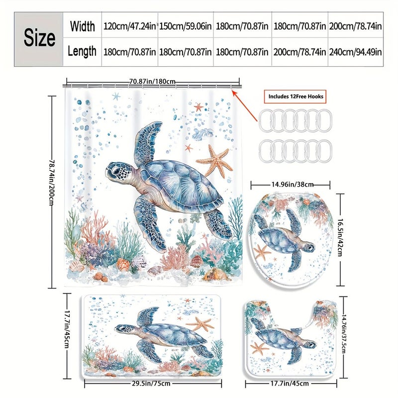 1 3 Piece Ocean Turtle Shower Curtain Set Marine Life Bathroom Decor with Bath Mat U Shaped Mat Toilet Lid Cover Hooks 180x180cm Curtain Aquatic Adventure - Image 2